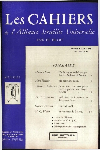 Les Cahiers de l'Alliance Israélite Universelle (Paix et Droit).  N°080-081 (01 févr. 1954)